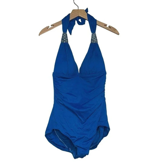 Coco contours 34C turquoise blue‎ jeweled halter neck ruched bra-size swimsuit - Picture 1 of 7